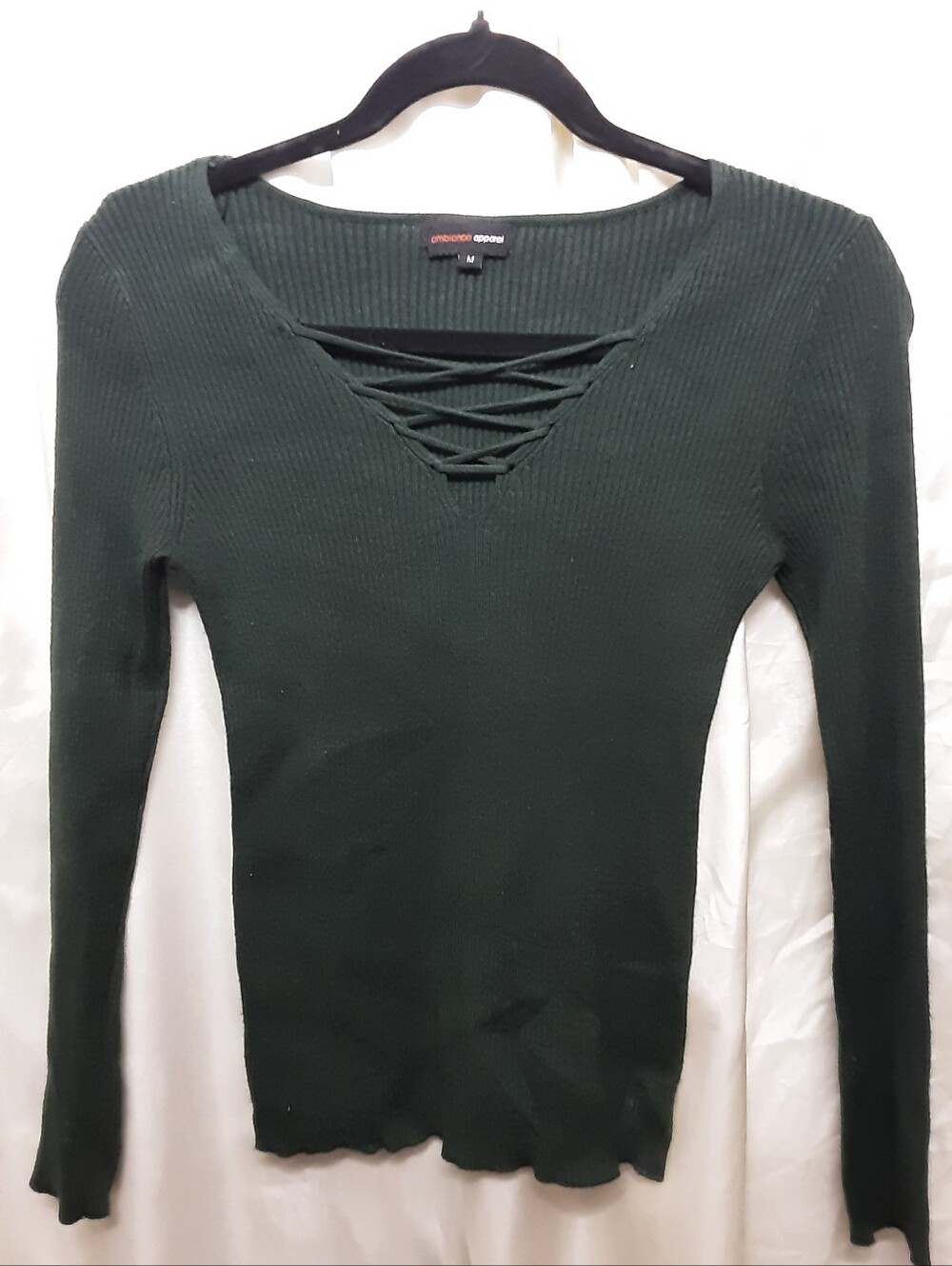 Green Ribbed Lace-Up V-Neck Long Sleeve Top